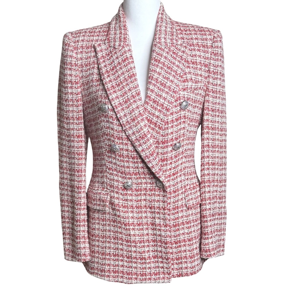 Zara Tweed Double Breasted Crest Buttton Blazer Red Cream Plaid Women Medium